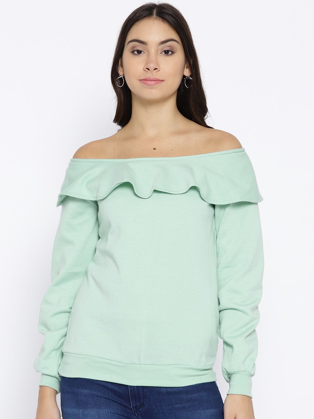 Belle Fille Women Green Solid One Shoulder Ruffled Sweatshirt Price in India