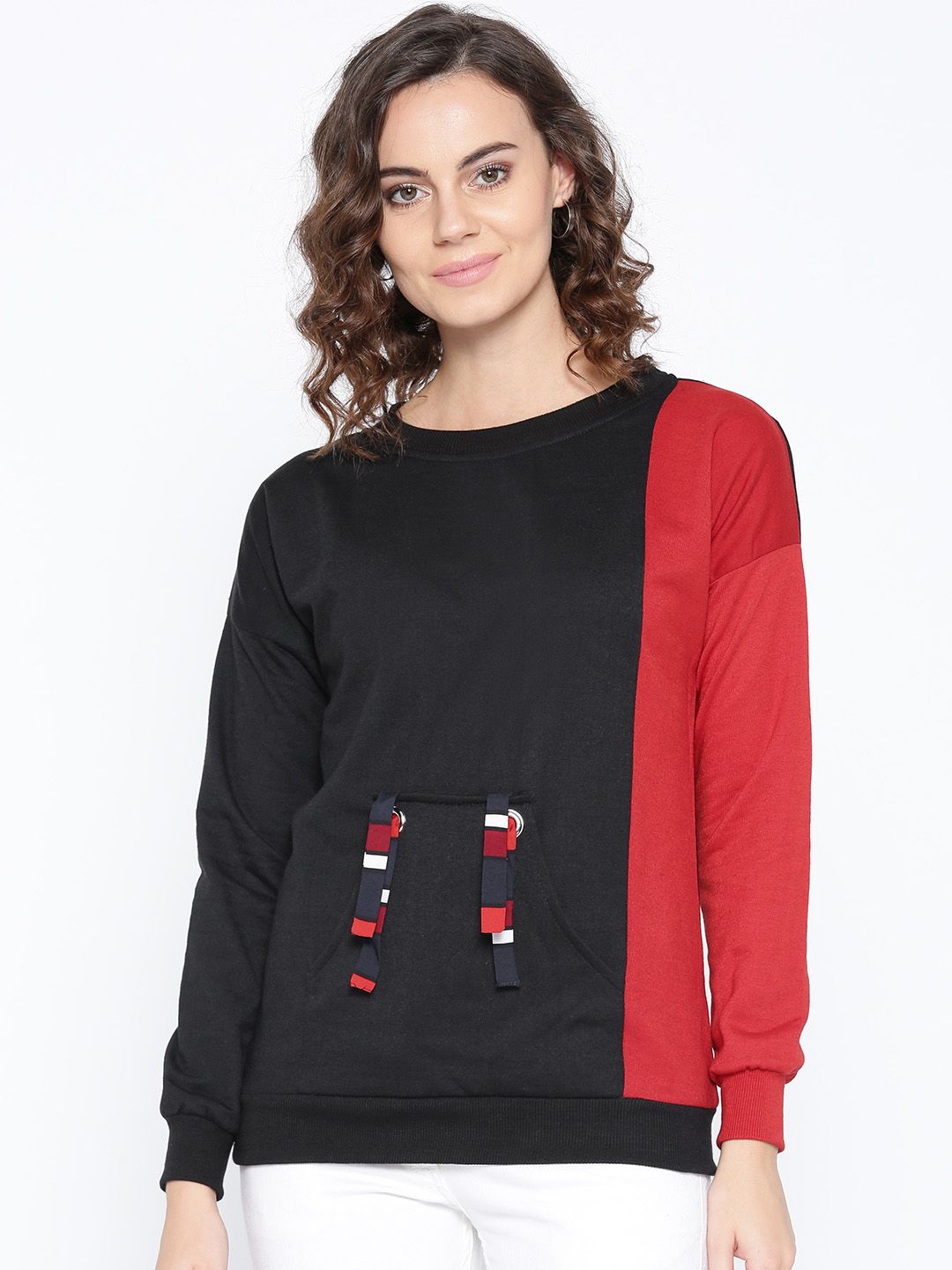 Belle Fille Women Black & Red Colourblocked Sweatshirt Price in India