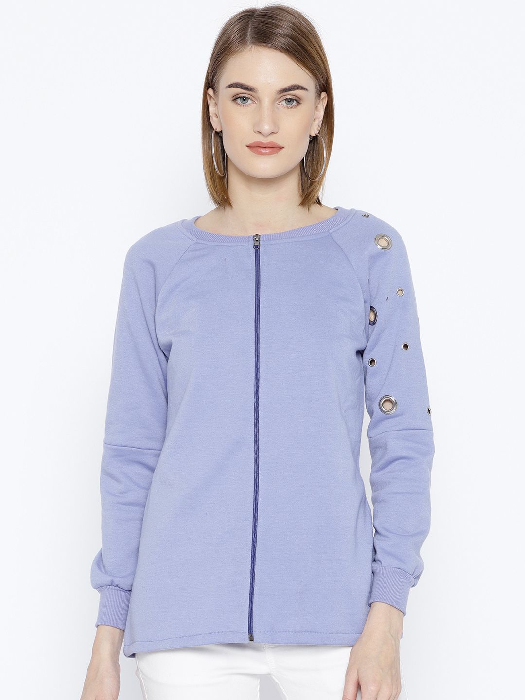 Belle Fille Women Lavender Solid Sweatshirt with Cut-Out Detail Price in India