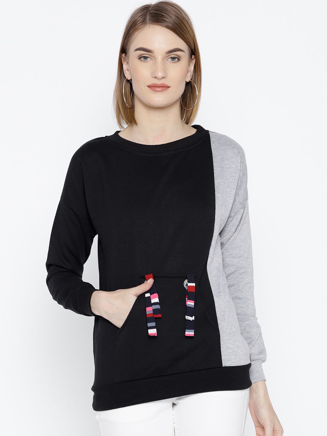 Belle Fille Women Black & Grey Melange Colourblocked Sweatshirt Price in India