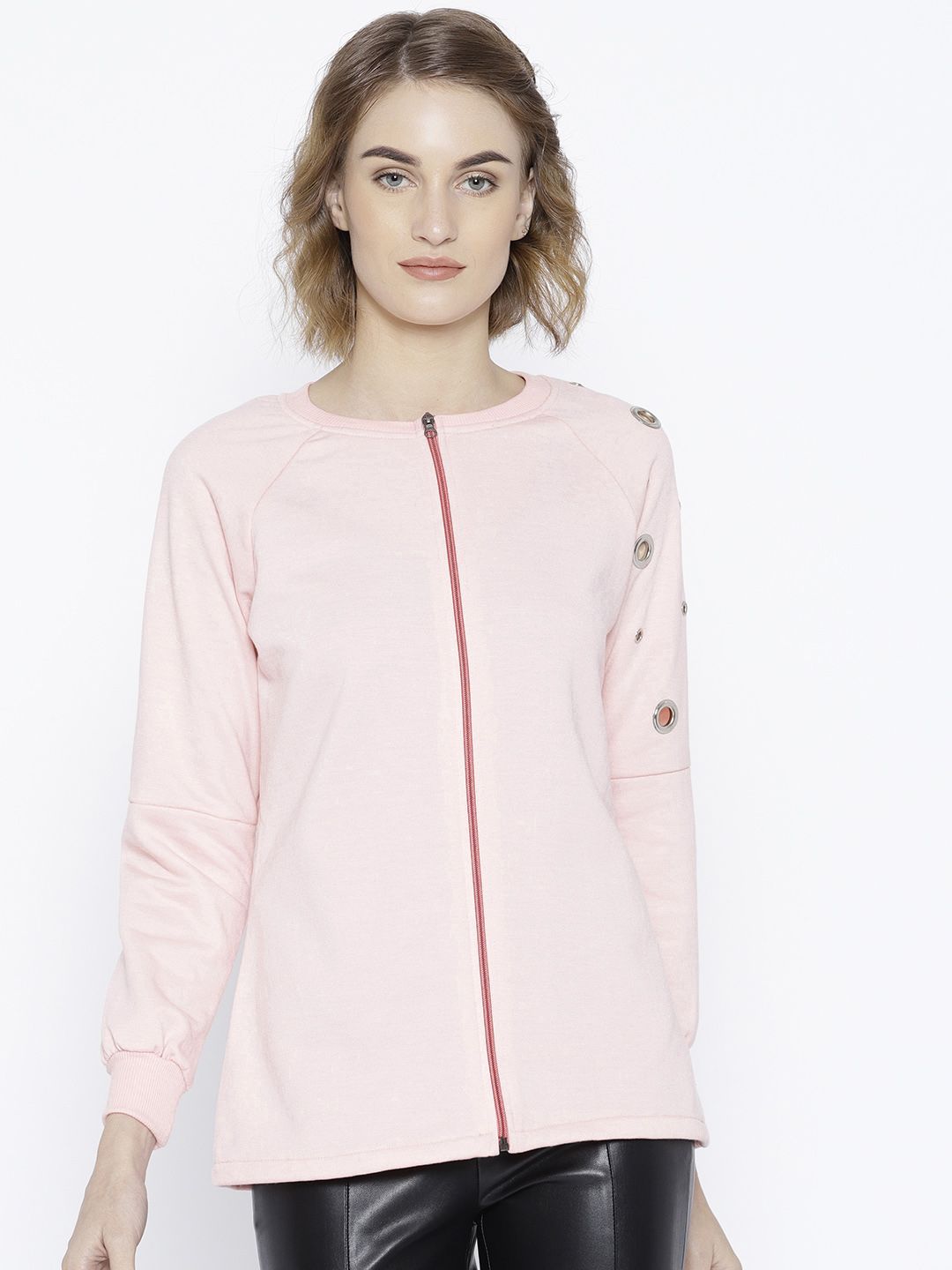 Belle Fille Women Pink Solid Sweatshirt with Cut-Out Detail Price in India