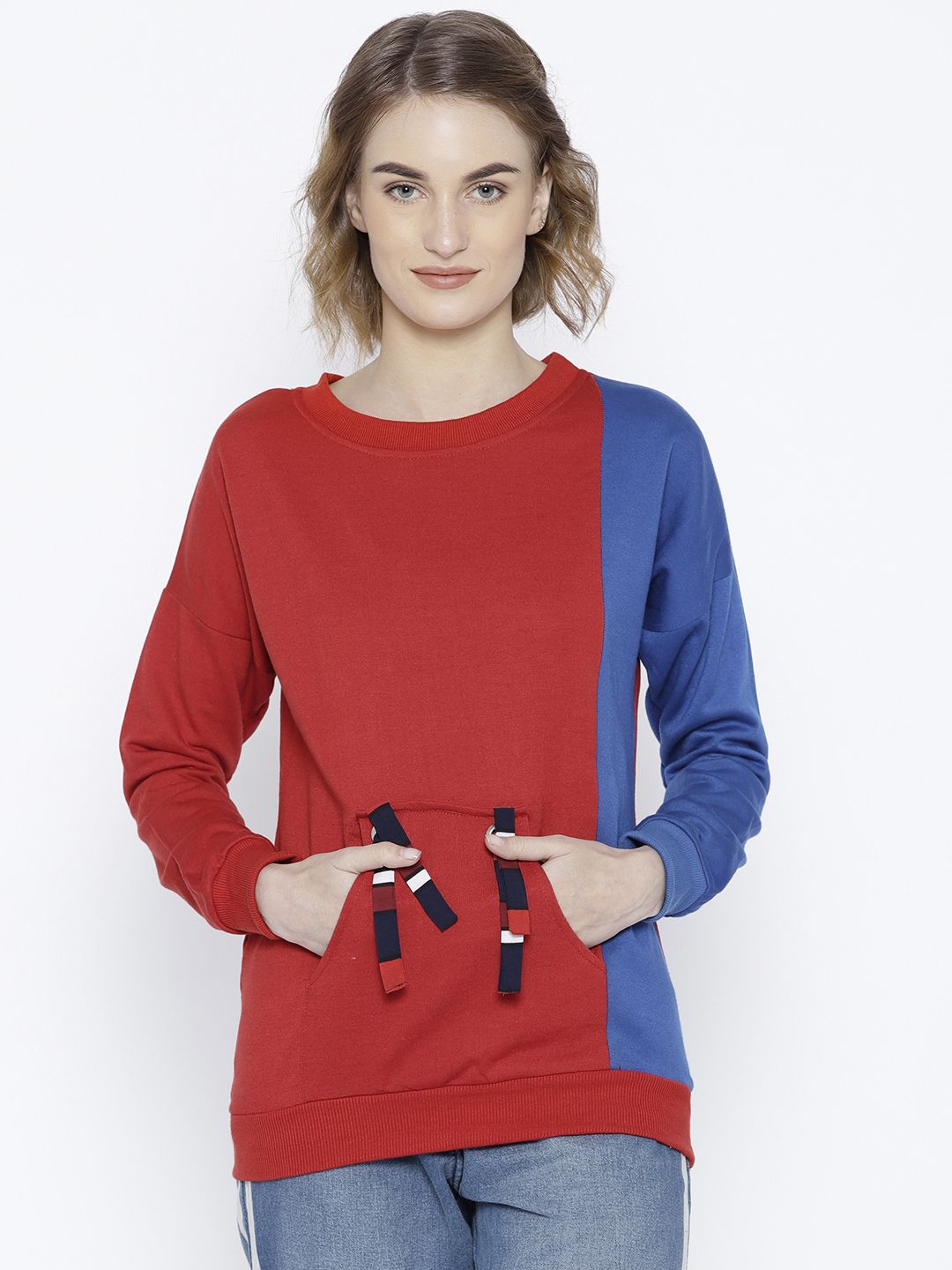 Belle Fille Women Red & Blue Colourblocked Sweatshirt Price in India