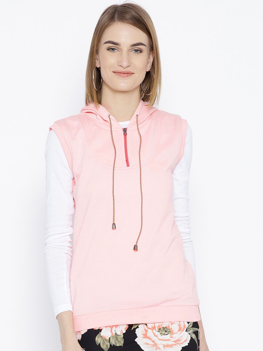 Belle Fille Women Peach-Coloured Solid Hooded Sweatshirt Price in India