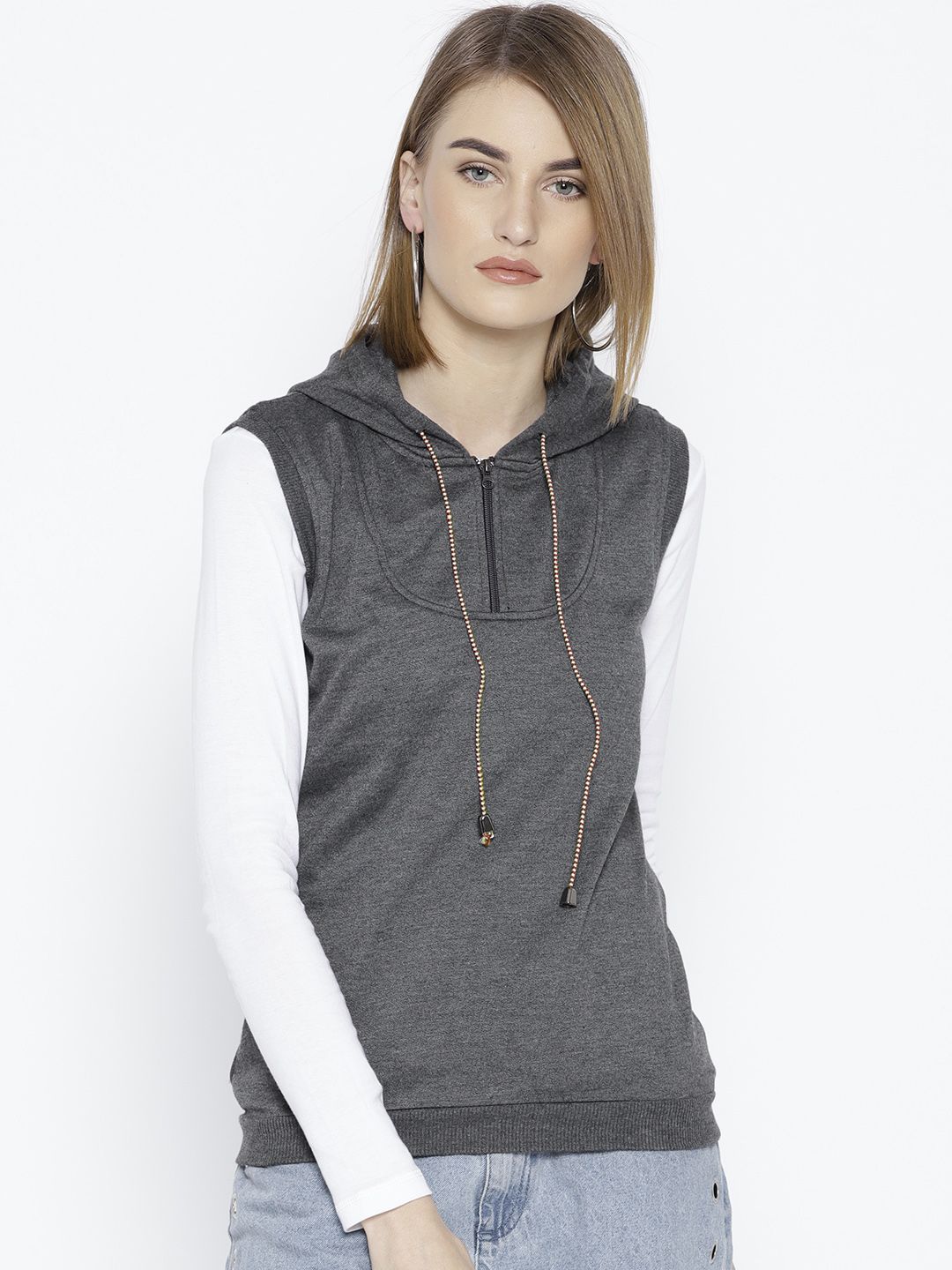 Belle Fille Women Charcoal Grey Solid Hooded Sweatshirt Price in India