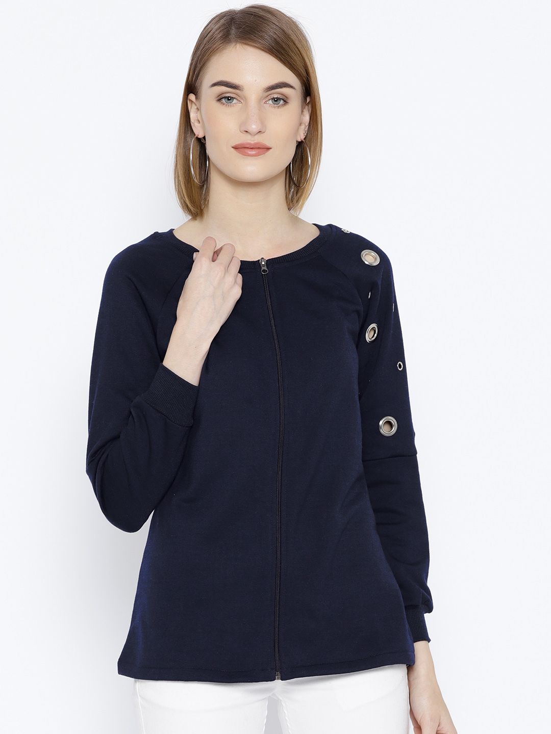 Belle Fille Women Navy Blue Solid Sweatshirt with Cut-Out Detail Price in India