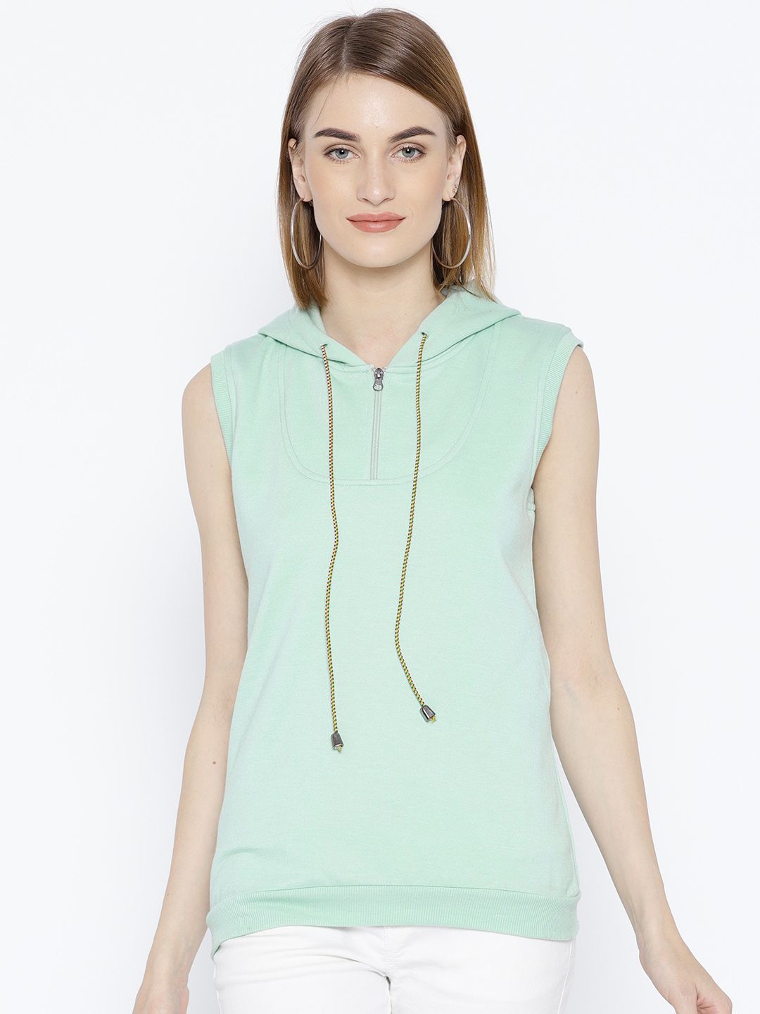 Belle Fille Women Mint Green Solid Hooded Sweatshirt Price in India