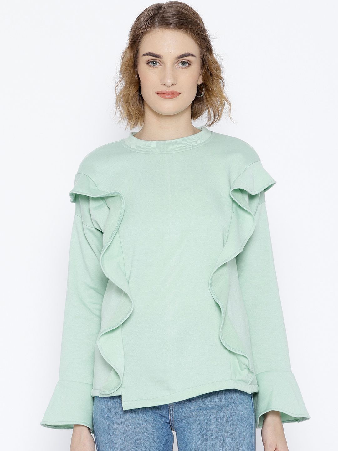Belle Fille Women Green Solid Sweatshirt Price in India