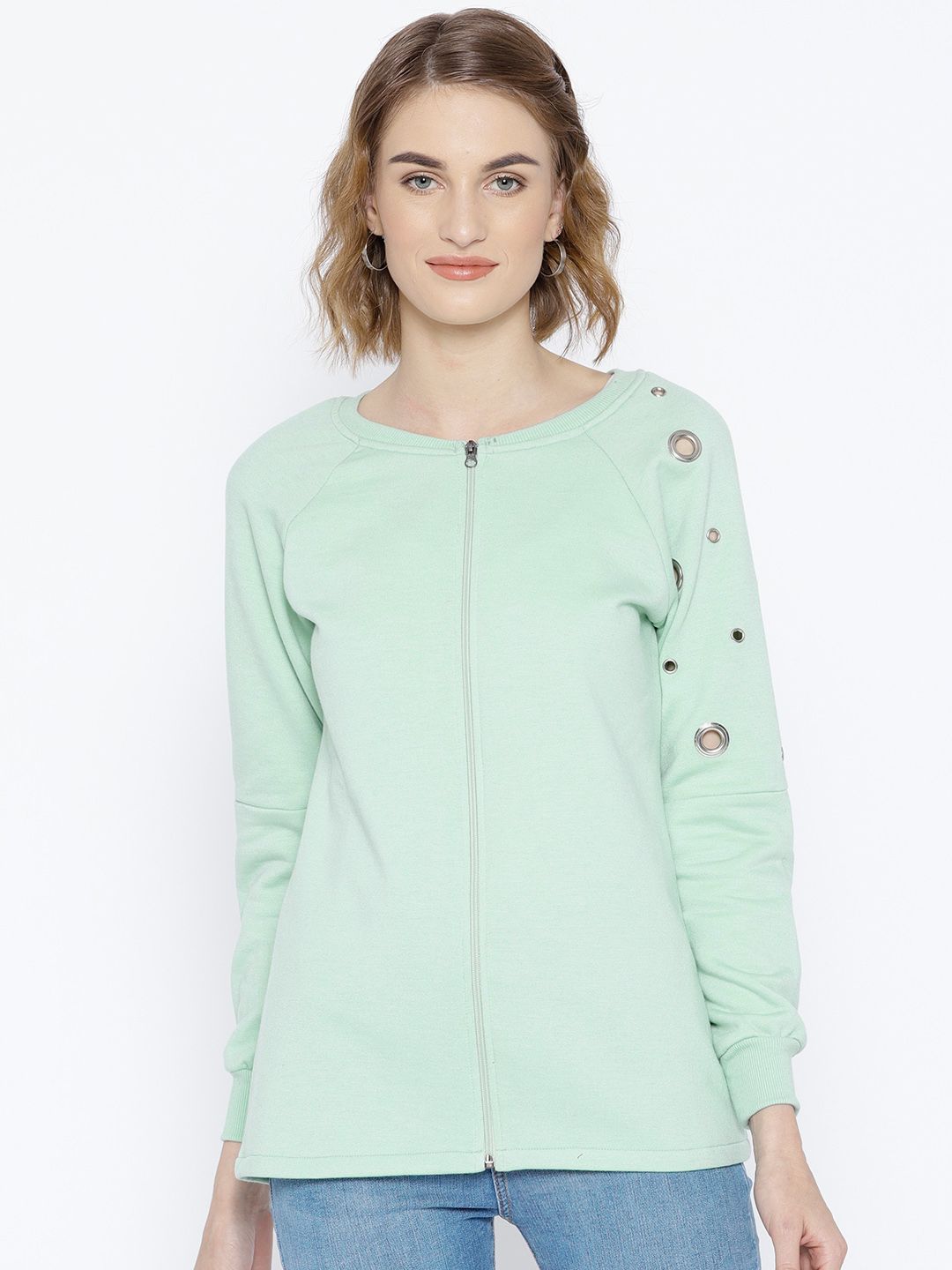 Belle Fille Women Sea Green Solid Sweatshirt Price in India