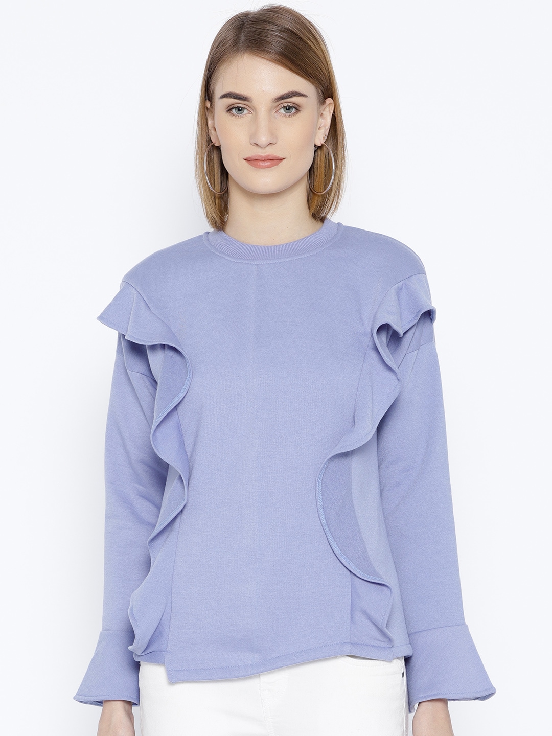 Belle Fille Women Lavender Solid Sweatshirt with Ruffle Detail Price in India