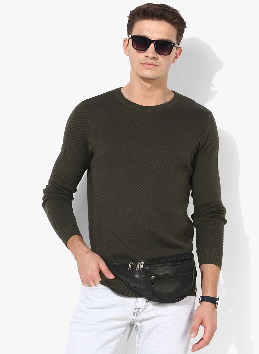 Jack & Jones Olive Self Design Round Neck Sweater