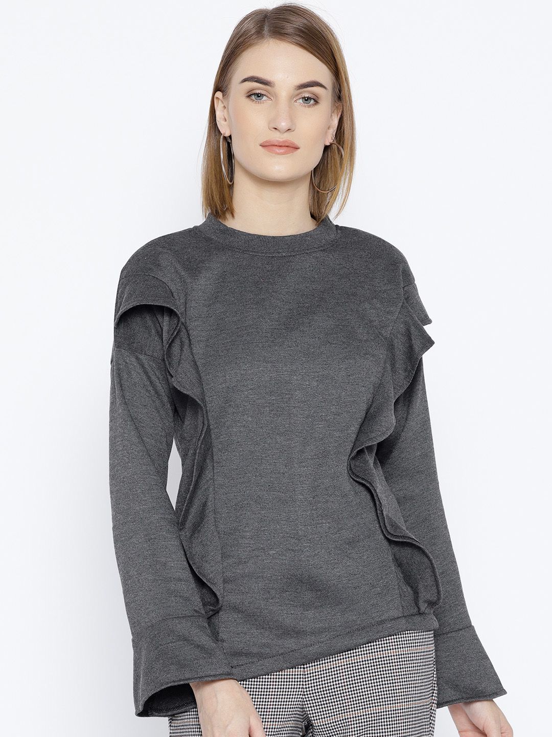 Belle Fille Women Charcoal Solid Sweatshirt with Ruffle Detail Price in India