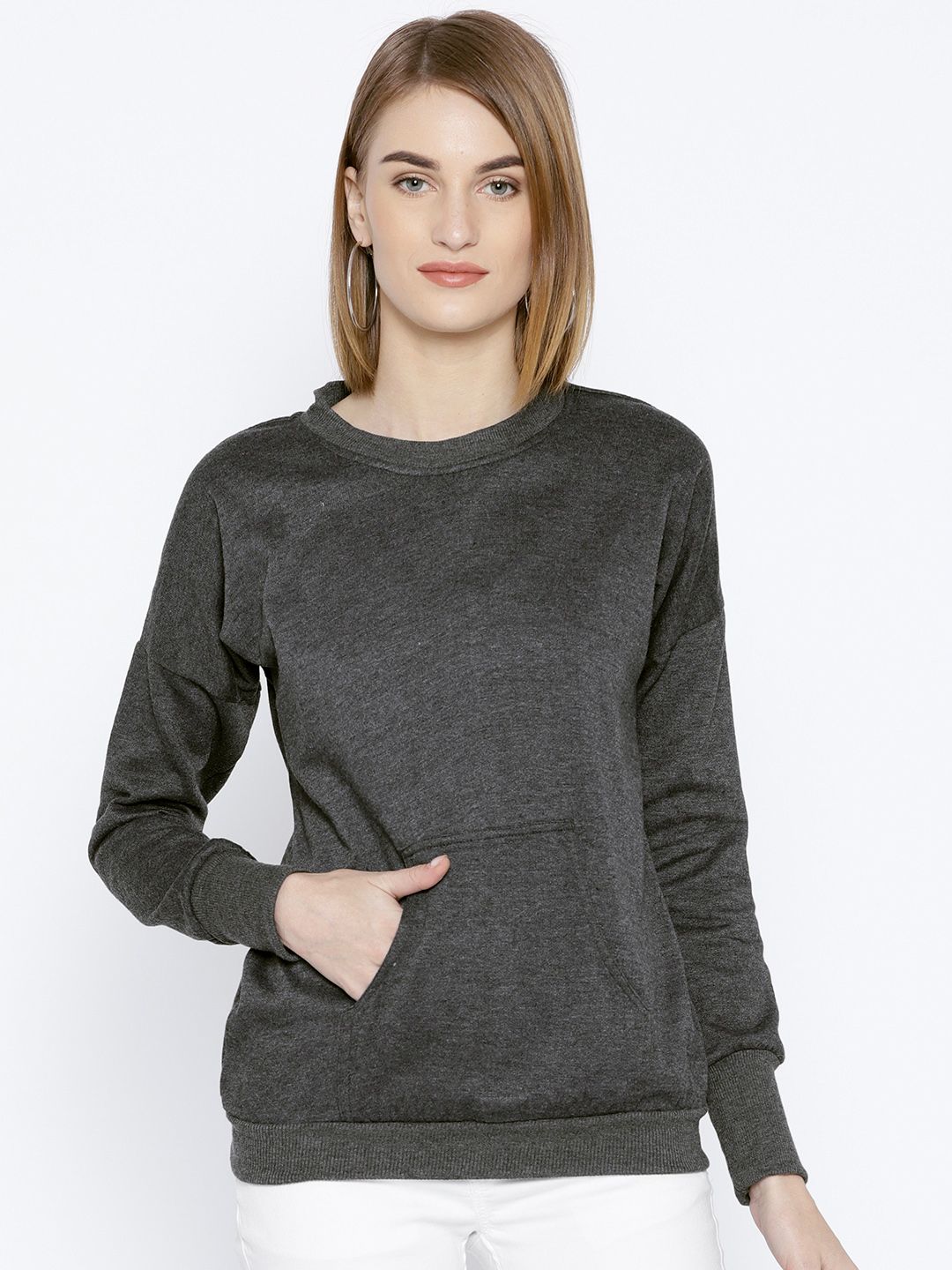 Belle Fille Women Charcoal Grey Solid Sweatshirt with Tie-Up Detail Price in India