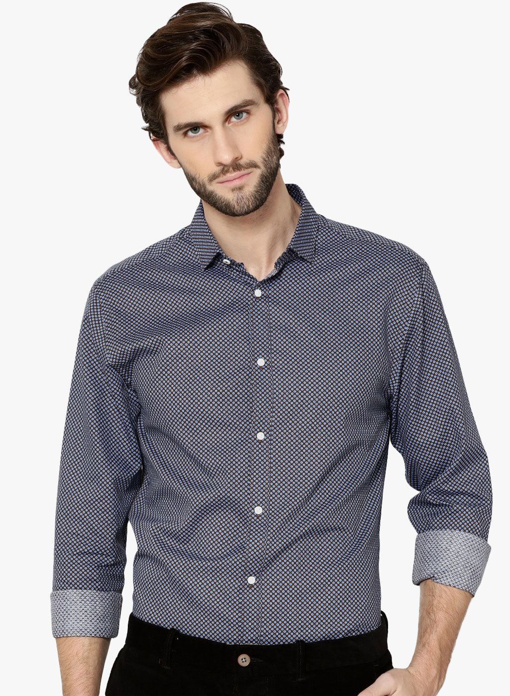 Jack & Jones Grey Printed Slim Fit Casual Shirt
