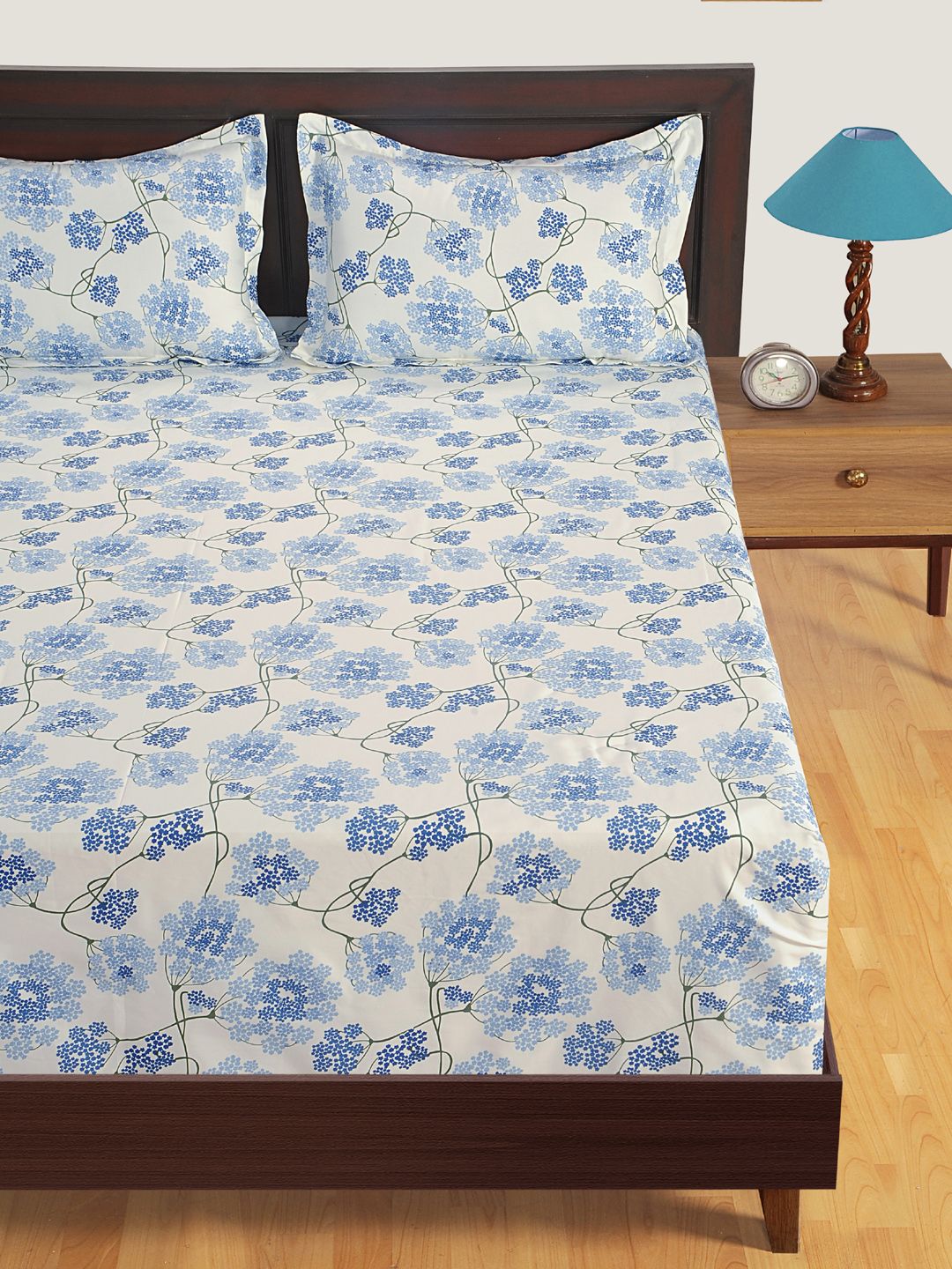 SWAYAM White & Blue Floral Flat 300 TC Cotton Bedsheet with 2 Pillow Covers Price in India