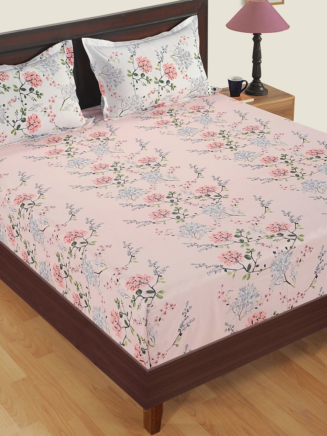 SWAYAM Pink Floral Fitted 180 TC Cotton Bedsheet with 2 Pillow Covers Price in India