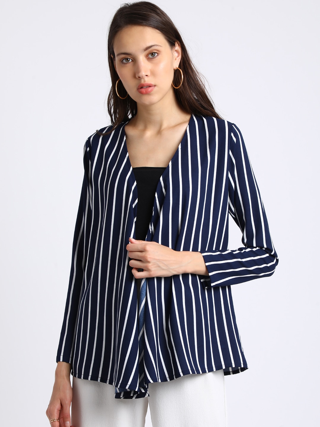 Besiva Navy Blue Striped Open Front Shrug Price in India