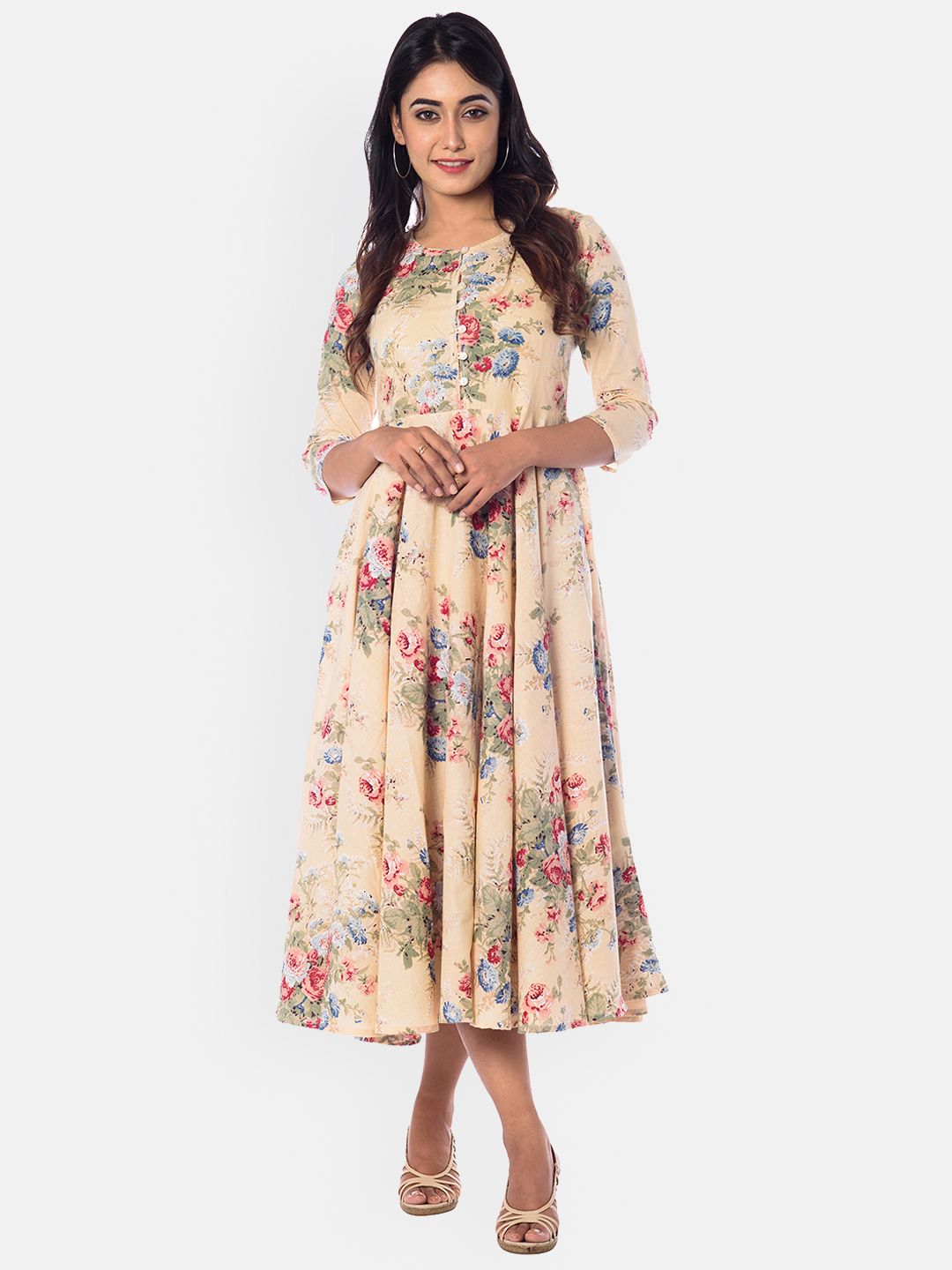 anayna Women Beige Printed Fit and Flare Dress Price in India