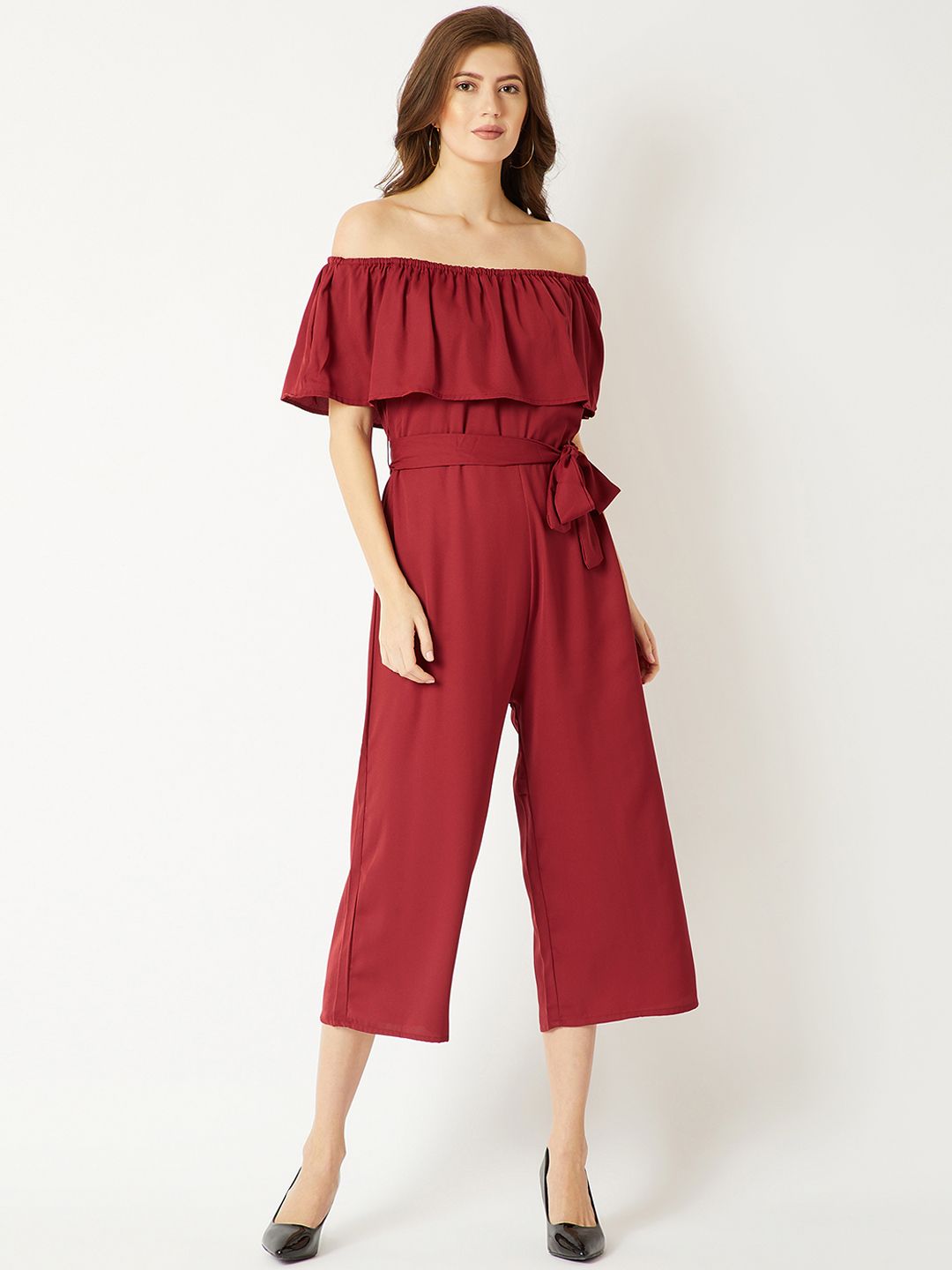 Miss Chase Maroon Solid Culotte Jumpsuit Price in India