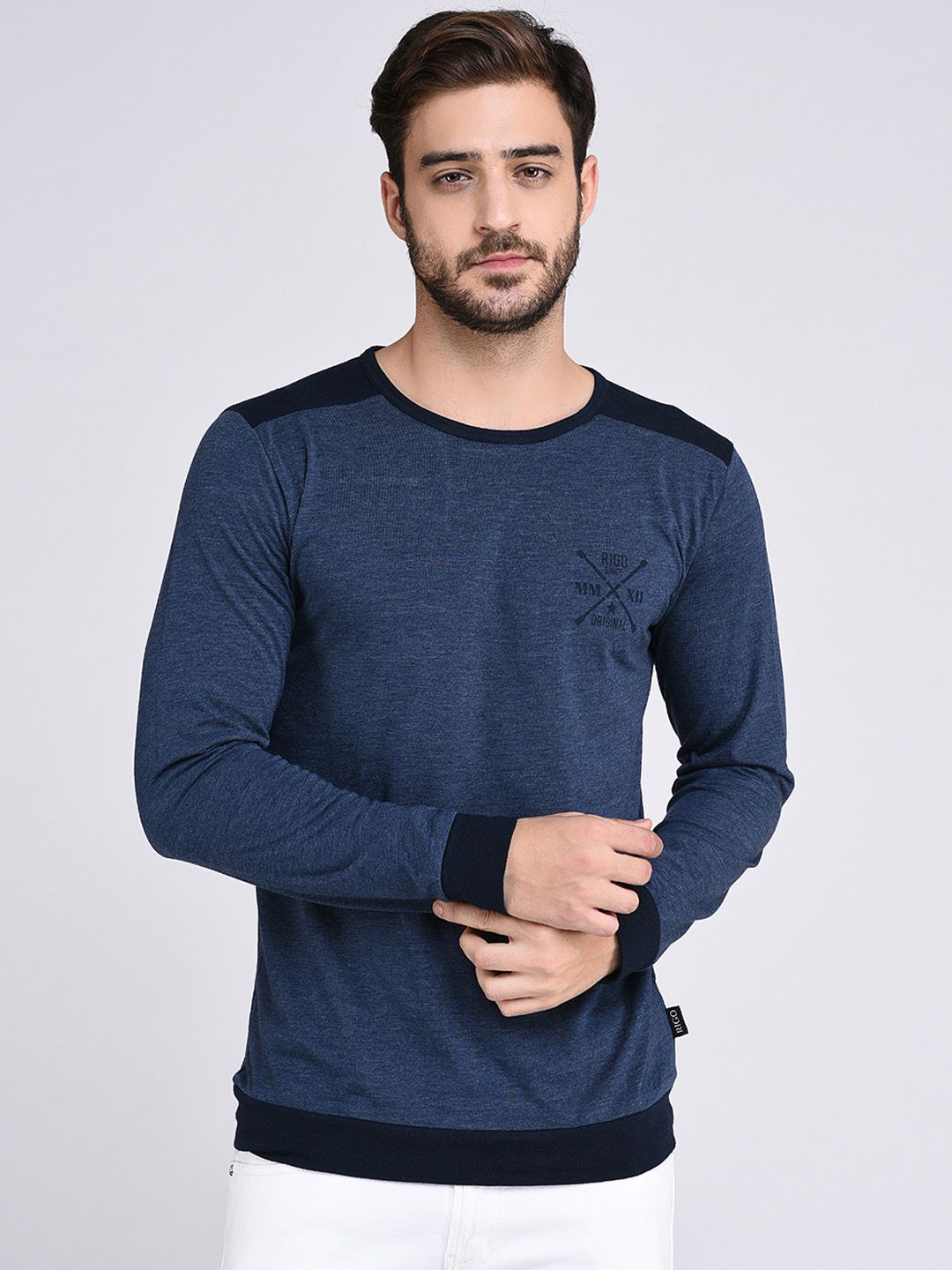 Rigo Men Blue Solid Round Neck T-shirt