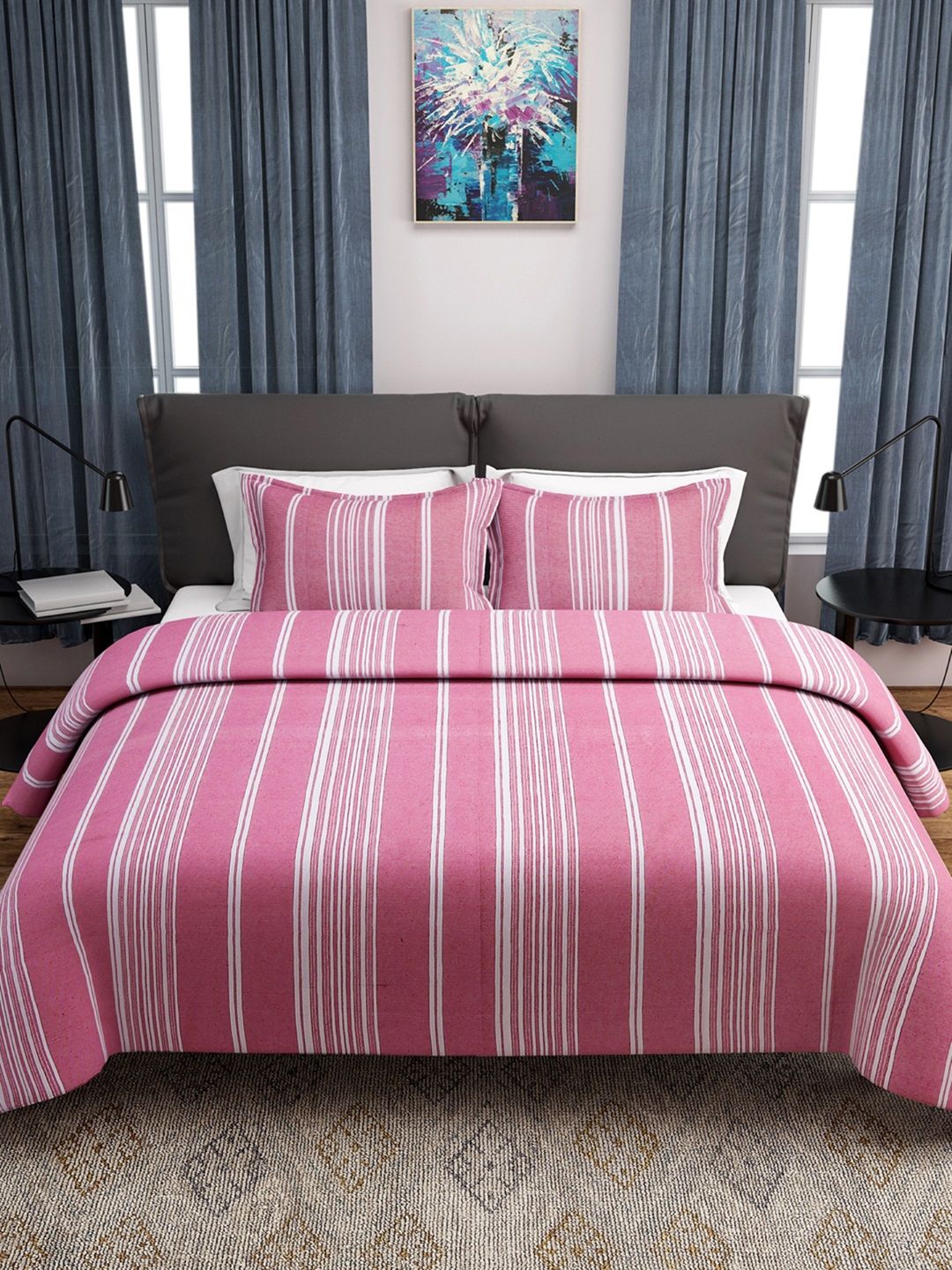 ROMEE Red & White Woven Design Cotton Double Bed Cover with 2 Pillow Covers Price in India