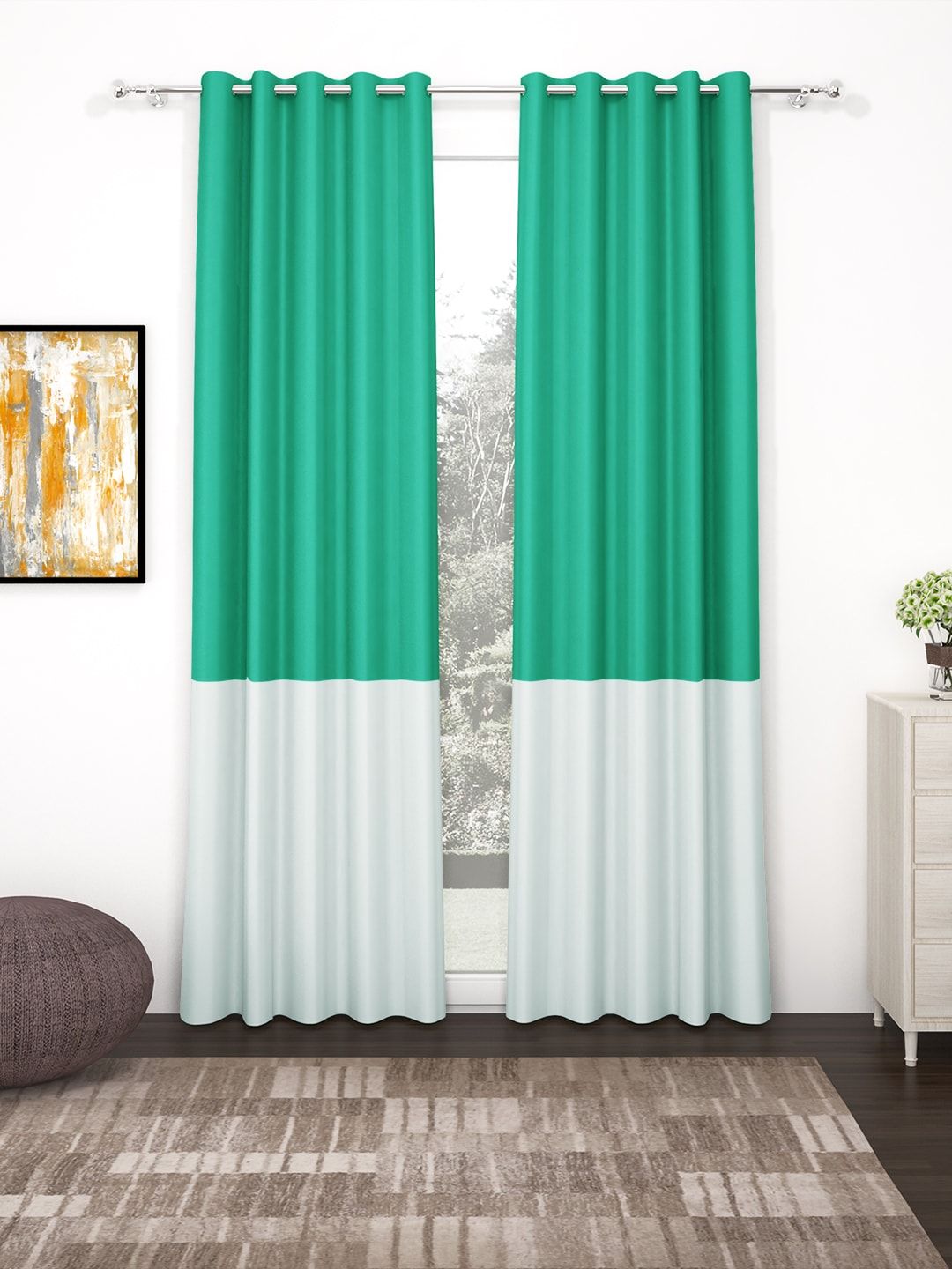Story@home Grey & Fluorescent Green Set of 2 Faux Silk Blackout Door Curtains Price in India