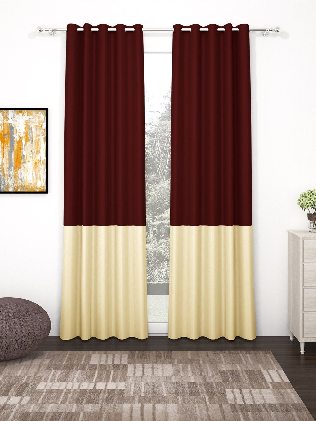 Story@home Maroon & Beige Faux Silk Set of 2 Blackout Door Curtains Price in India