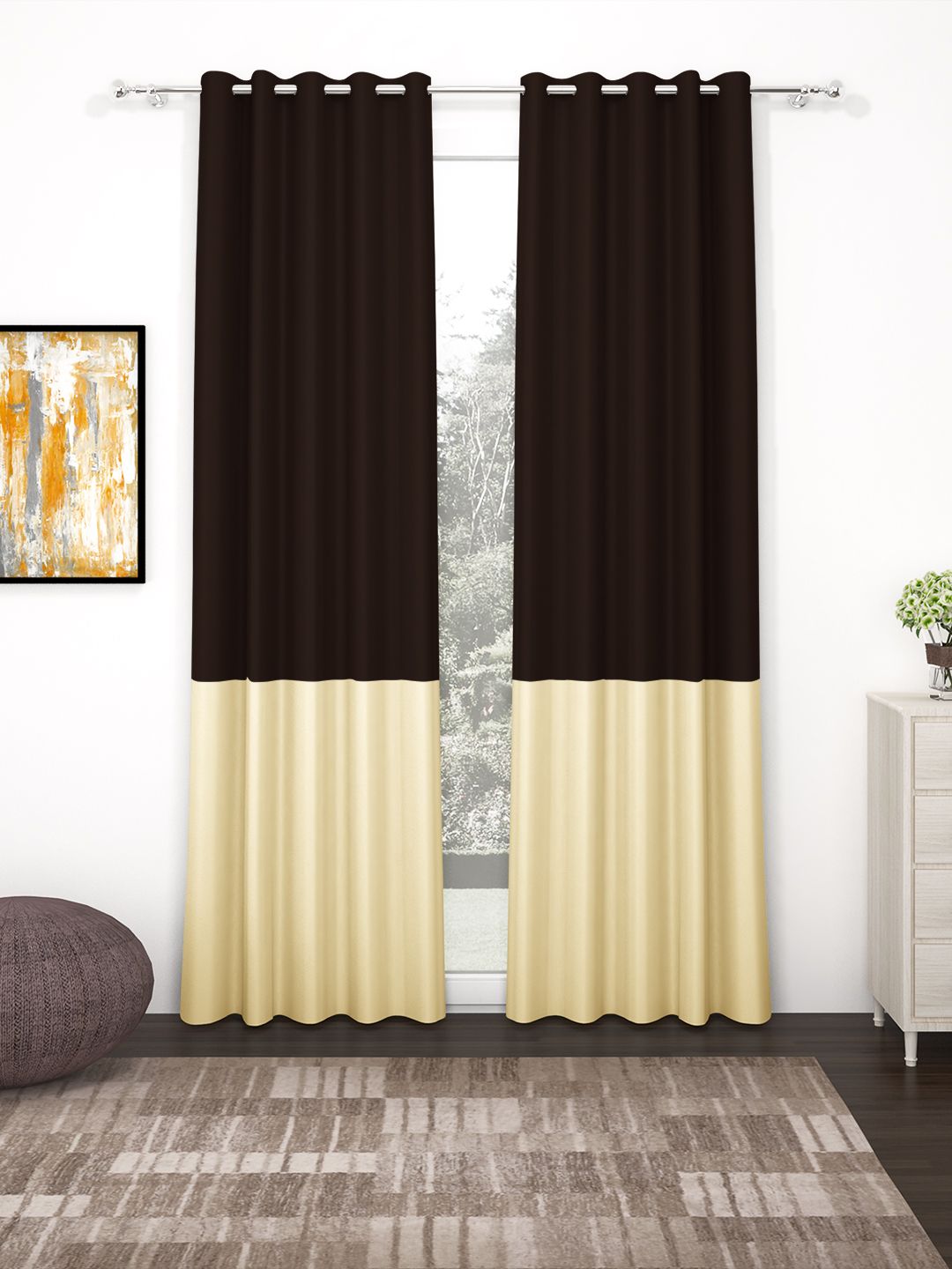 Story@home Brown & Beige Set of 2 Faux Silk 300GSM Room Darkening Blackout Door Curtains Price in India