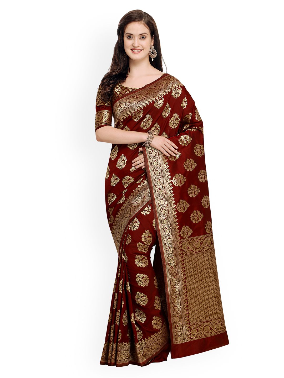 Shaily Maroon & Golden-Coloured Woven Design Banarasi Saree