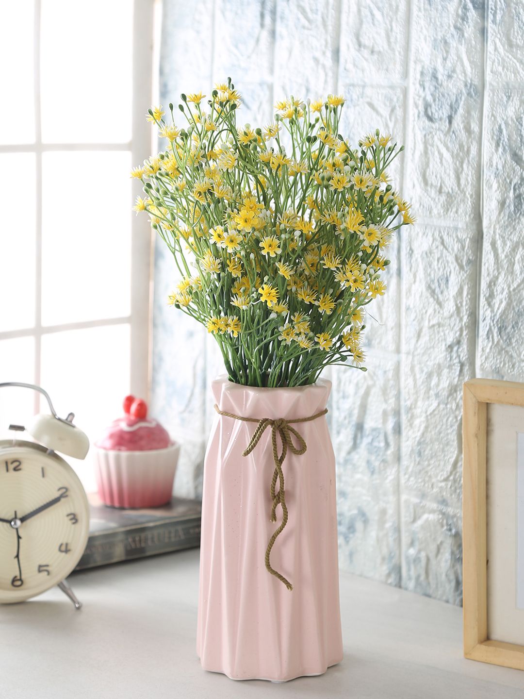 Fourwalls Set Of 4 Yellow Artificial Gypsophilia Flower Bunches without pot Price in India