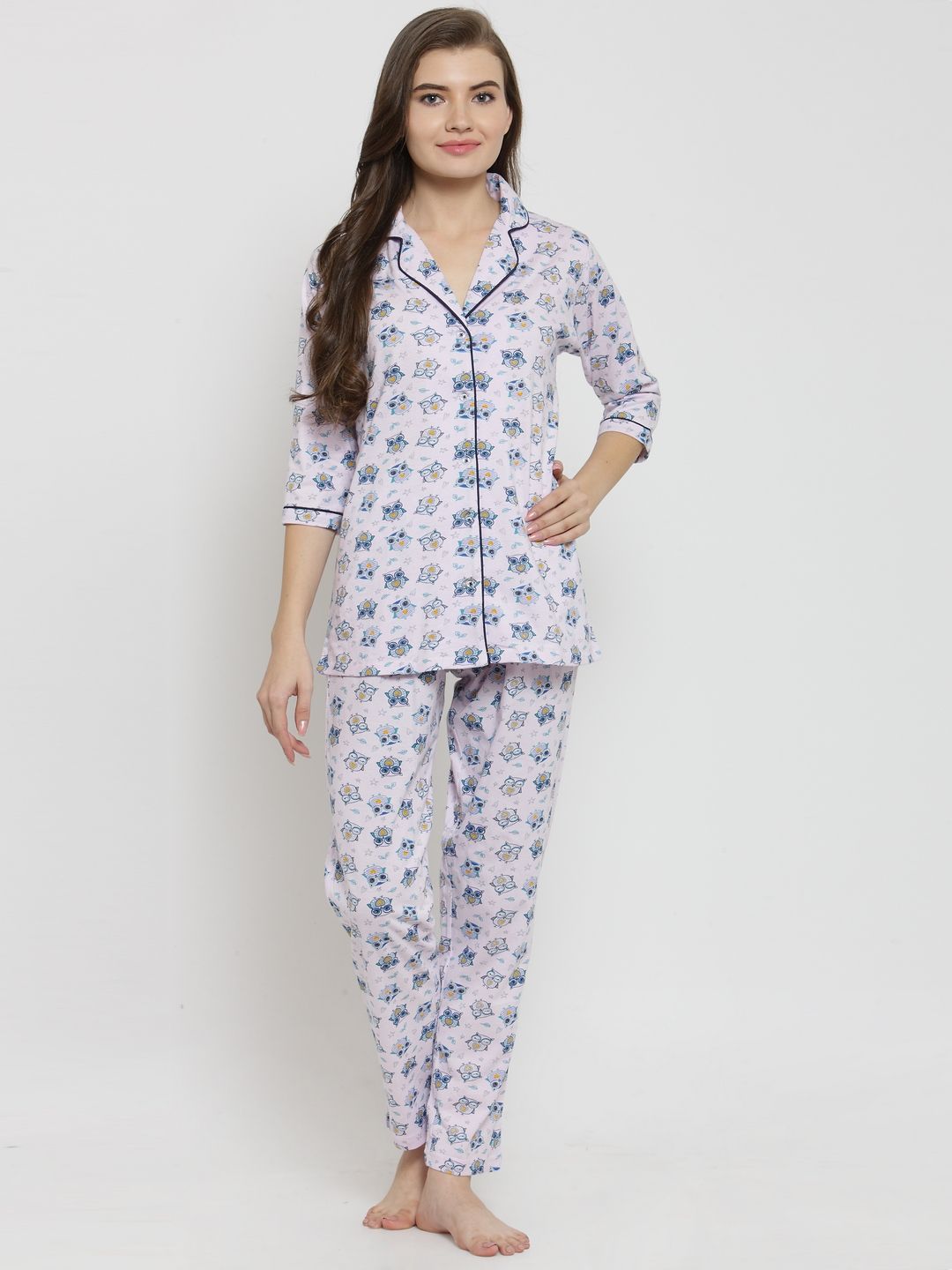 Claura Women White & Blue Printed Night suit Price in India