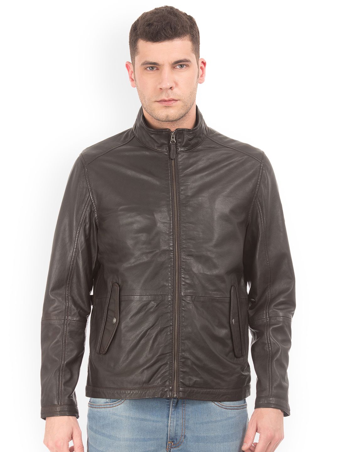 U S Polo Assn Men Coffee Brown Solid Leather Jacket