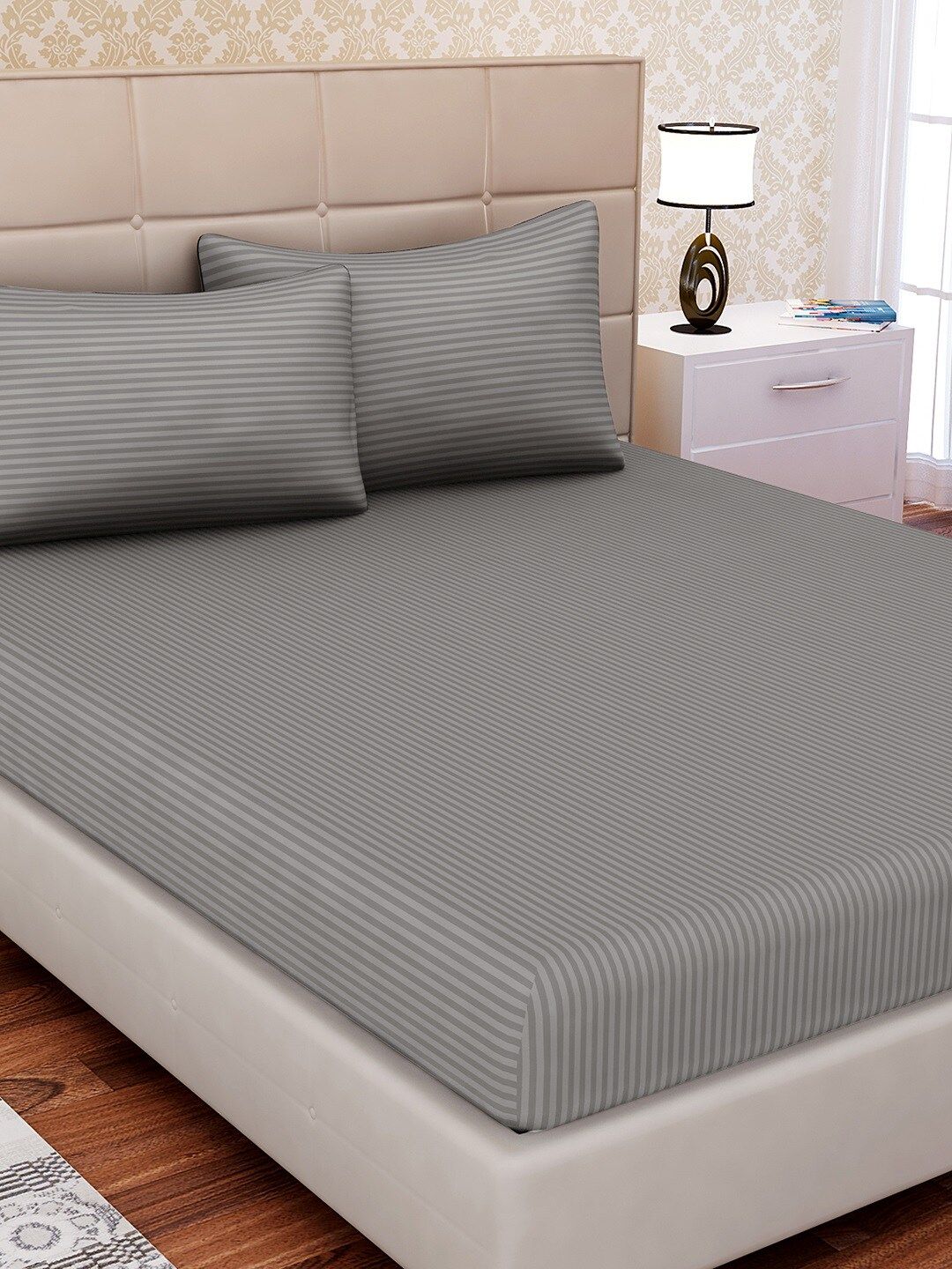 SEJ by Nisha Gupta Grey Striped Flat 210 TC Cotton 1 Double Bedsheet with 2 Pillow Covers Price in India