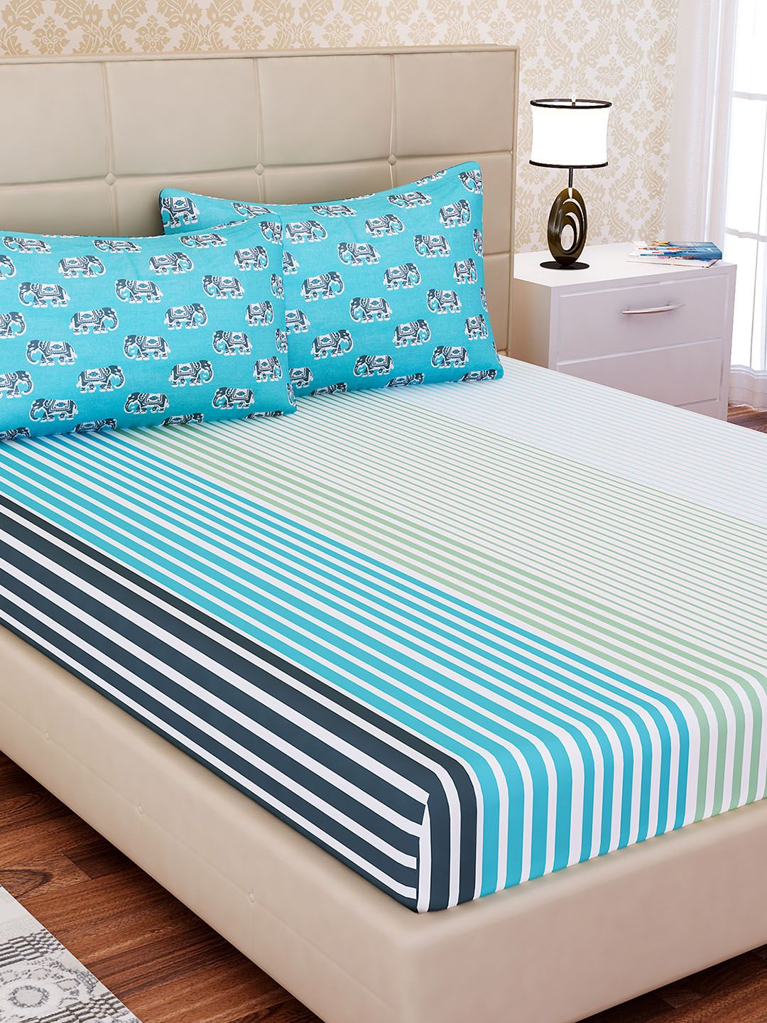 SEJ by Nisha Gupta Blue & Green Flat 144 TC Cotton Double Bedsheet with 2 Pillow Covers Price in India