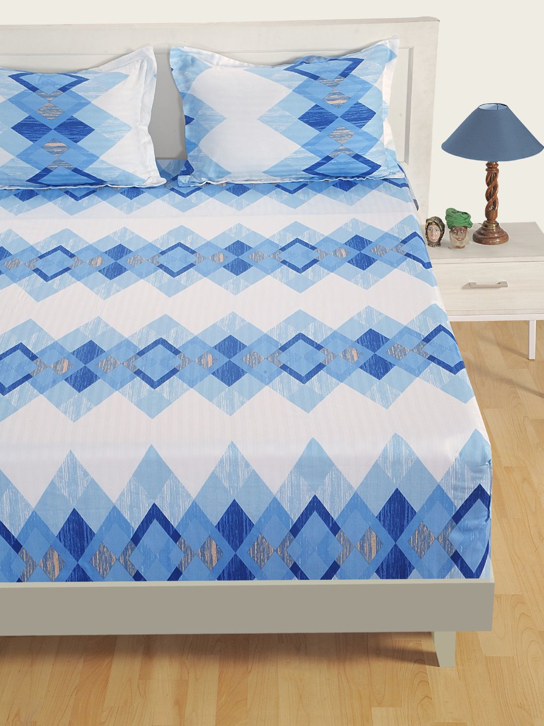Swayam White & Blue Satin 250 TC Printed Bedding Set Price in India