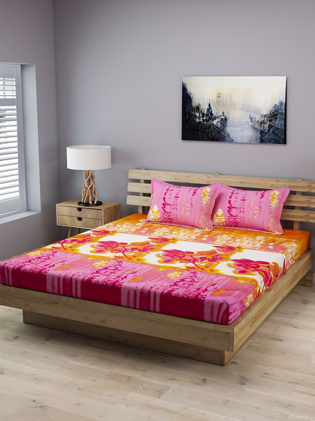 ROMEE Multicoloured Floral Fitted Flat 210 TC Cotton Double Bedsheet with 2 Pillow Covers Price in India