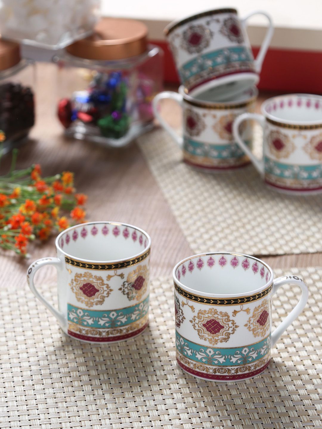 GOODHOMES Multicoloured 6 Pieces Printed Bone China Mugs Set Price in India