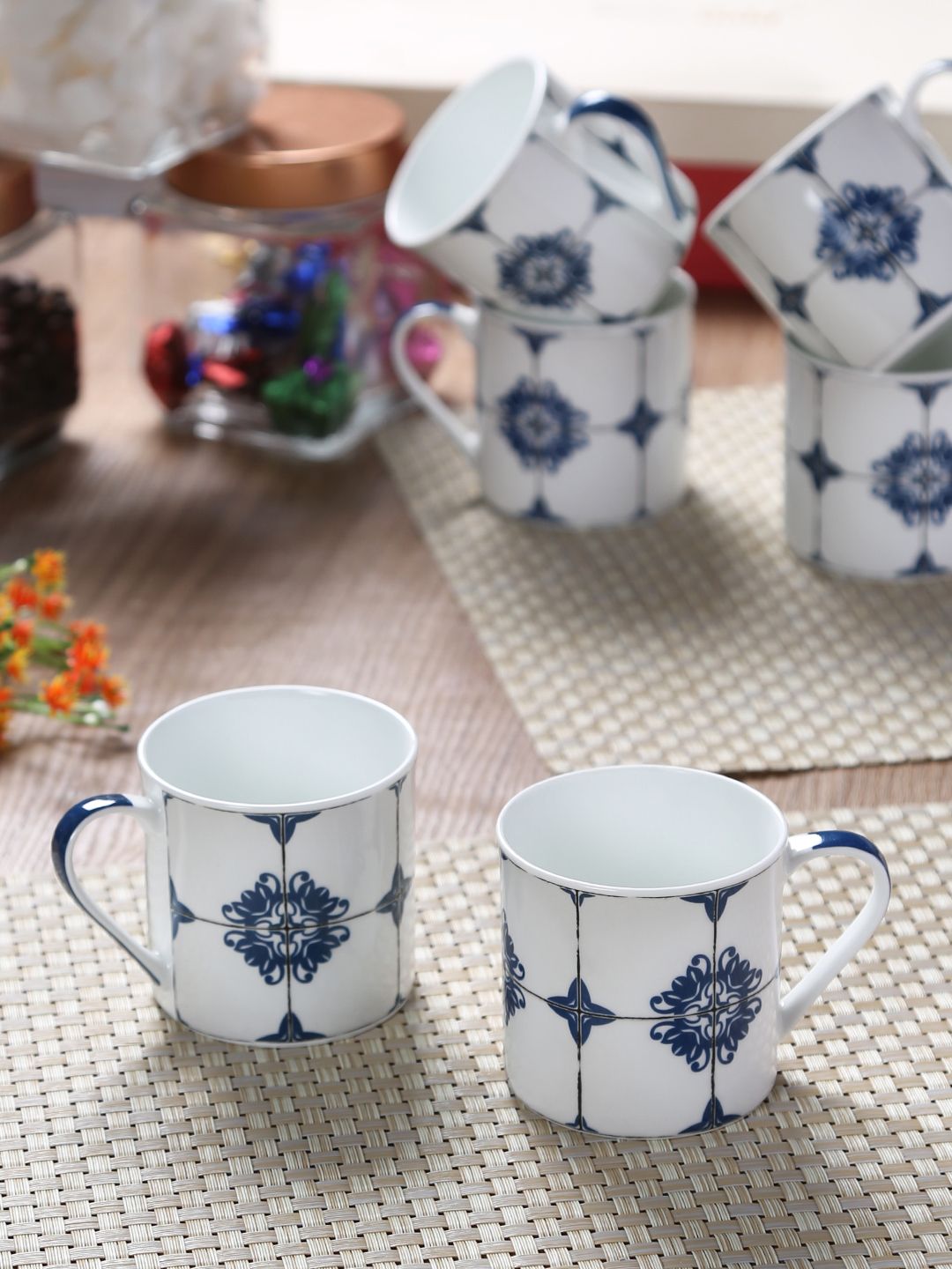 GOODHOMES White & Blue 6-Pieces Printed Bone China Cups Set Price in India