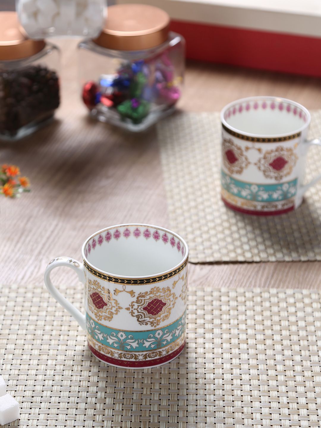 GOODHOMES Multicoloured Set Of 2 Printed Bone China Cups Price in India