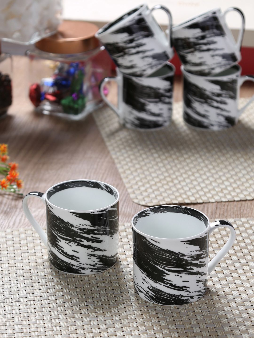 GOODHOMES White & Black 6-Pieces Printed Bone China Cups Set Price in India