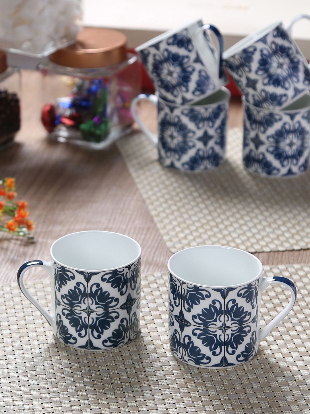 GOODHOMES White & Blue Printed Bone China Cups Set Price in India