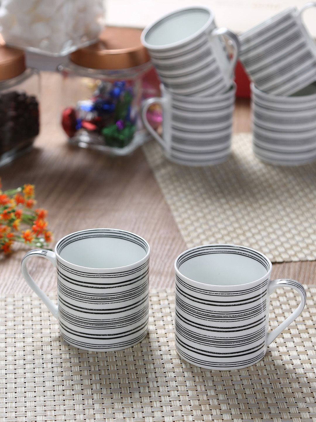 GOODHOMES White & Black 6-Pieces Printed Bone China Cups Set Price in India