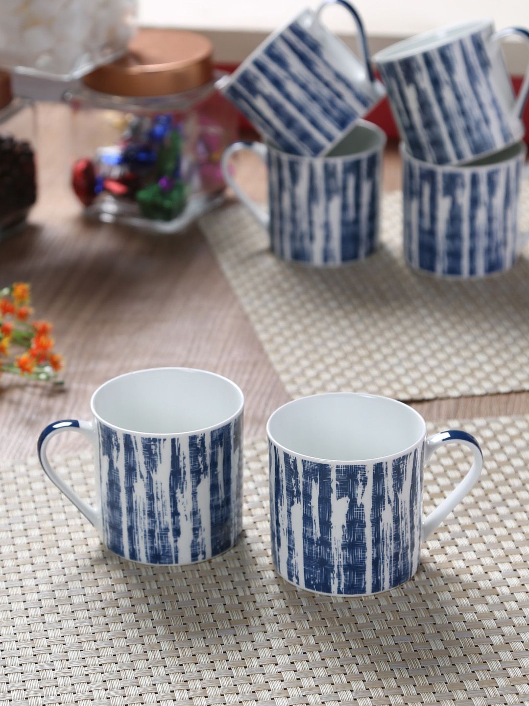 GOODHOMES White & Blue 6-Pieces Printed Bone China Cups Set Price in India