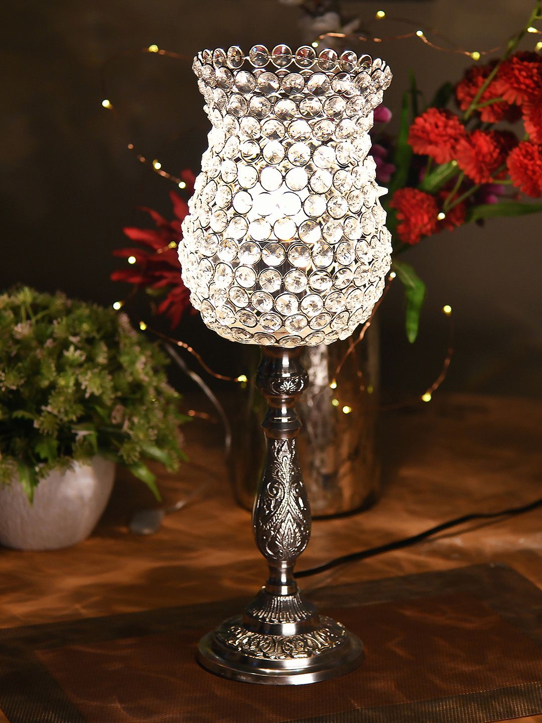 Homesake Silver-Toned Self Design Regal Crystal Table Lamp Price in India