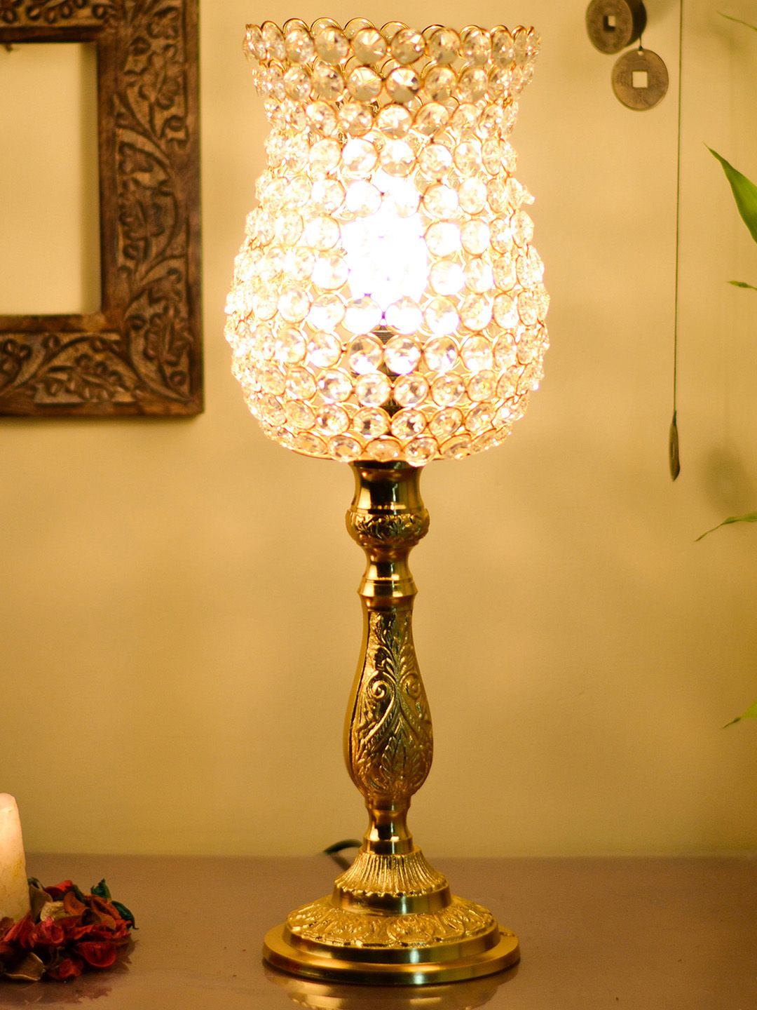 Homesake Gold-Toned Textured Classic Handcrafted Crystal Table Lamp Price in India