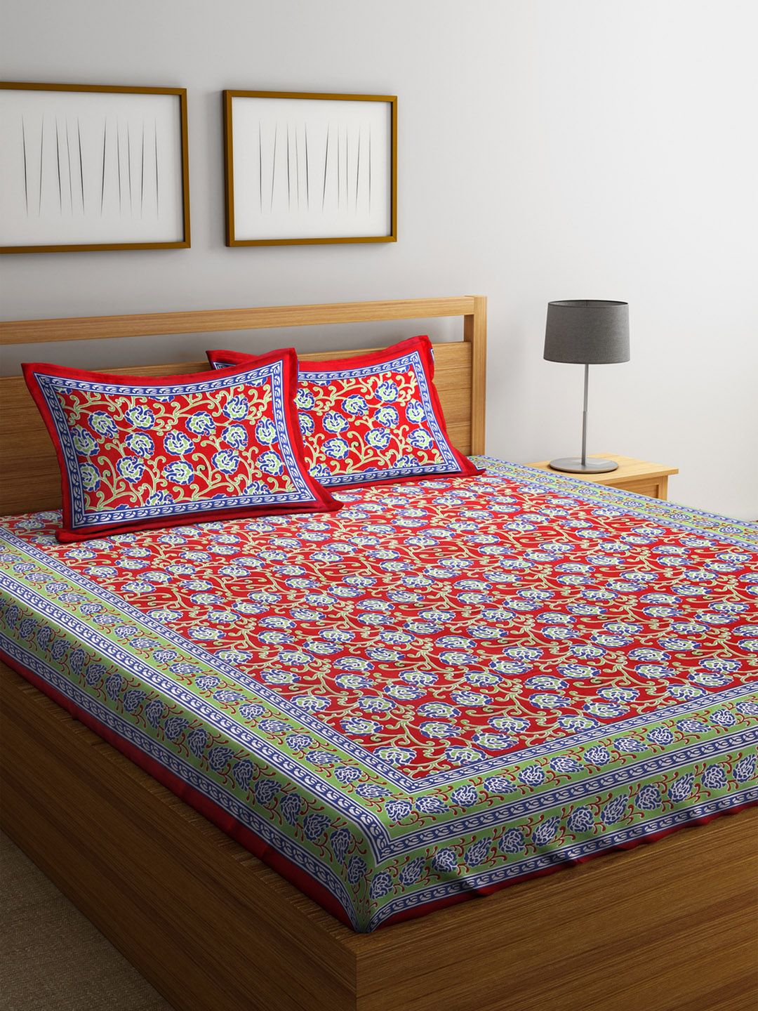 Rajasthan Decor Red & Green Floral Flat 144 TC Cotton 1 King Bedsheet with 2 Pillow Covers Price in India