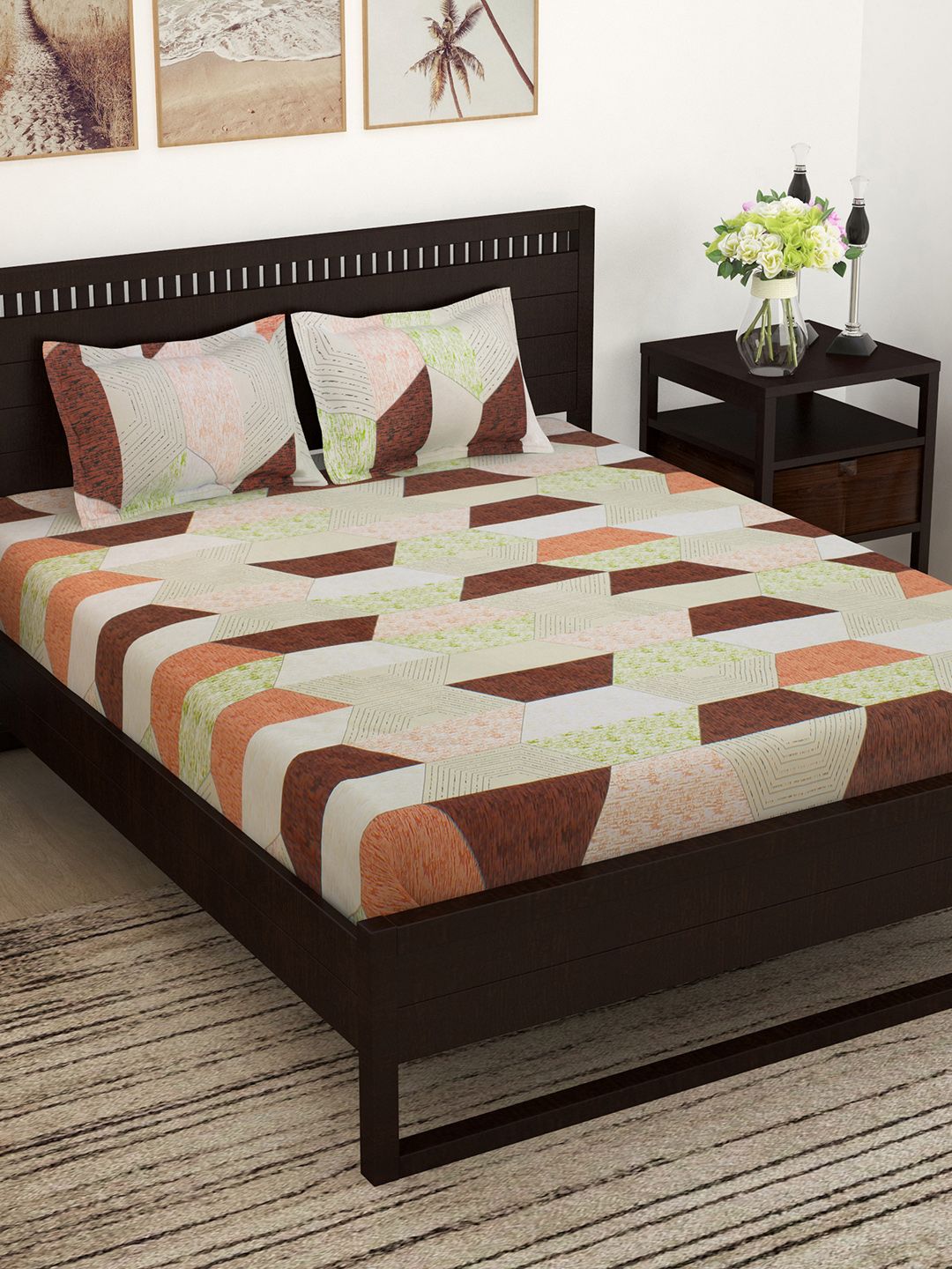 Story@home Brown Geometric Flat 152 TC Cotton 1 Double Bedsheet with 2 Pillow Covers Price in India
