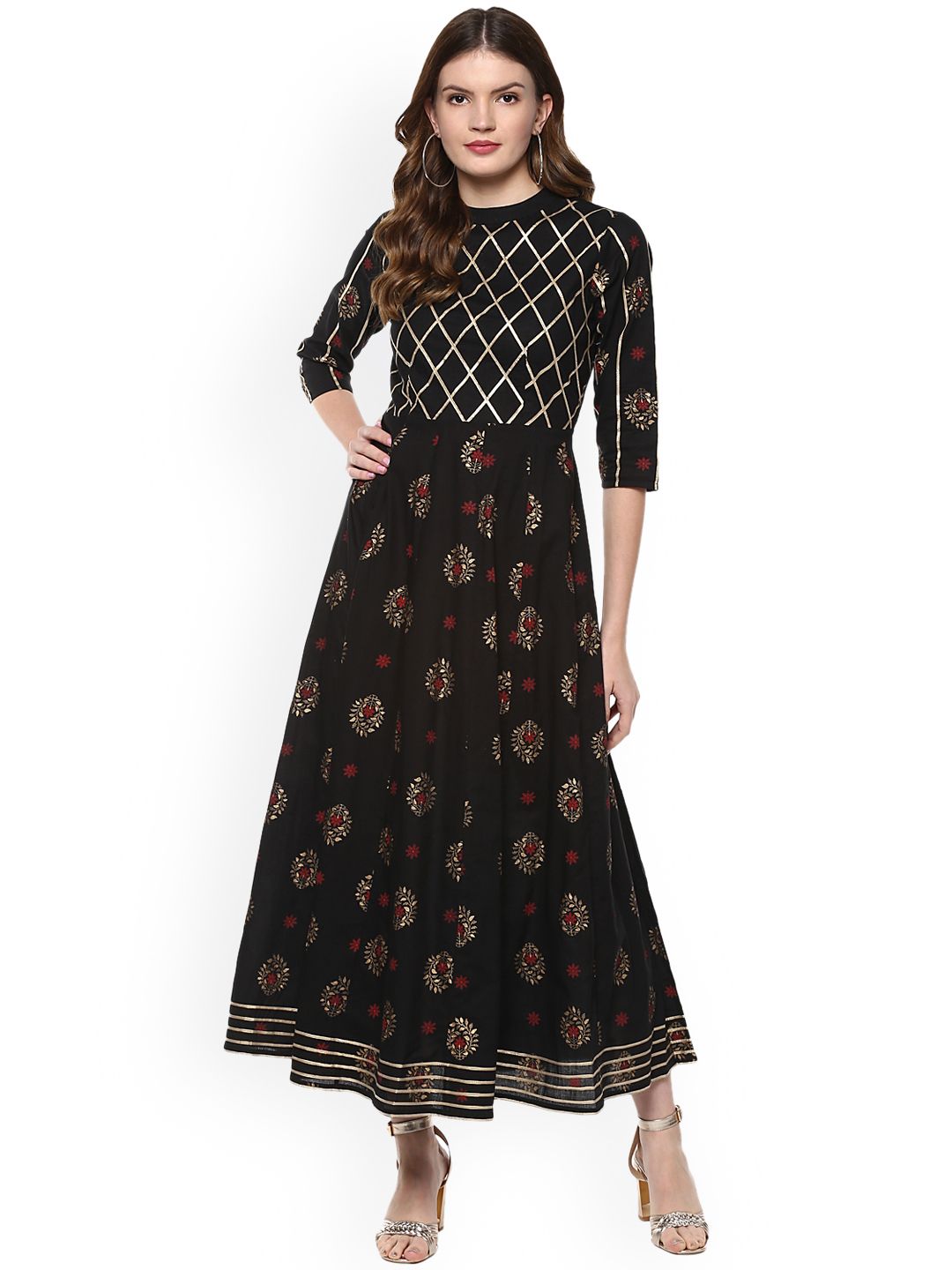 Idalia Black & Gold-Toned Ethnic Motifs Ethnic Maxi Dress Price in India