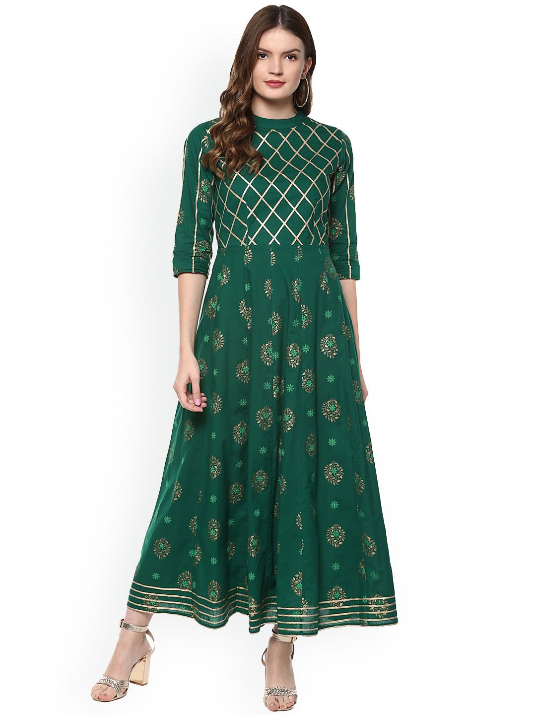 Idalia Green & Gold-Toned Ethnic Motifs Ethnic Maxi Dress Price in India