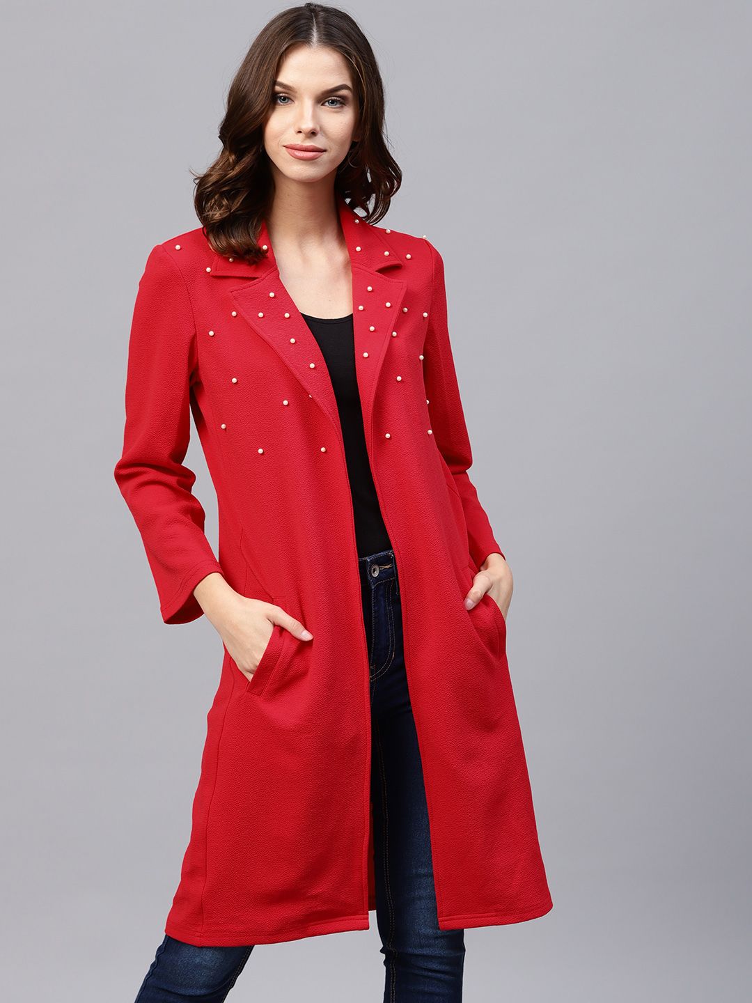 Athena Red Solid Longline Open Front Shrug Price in India
