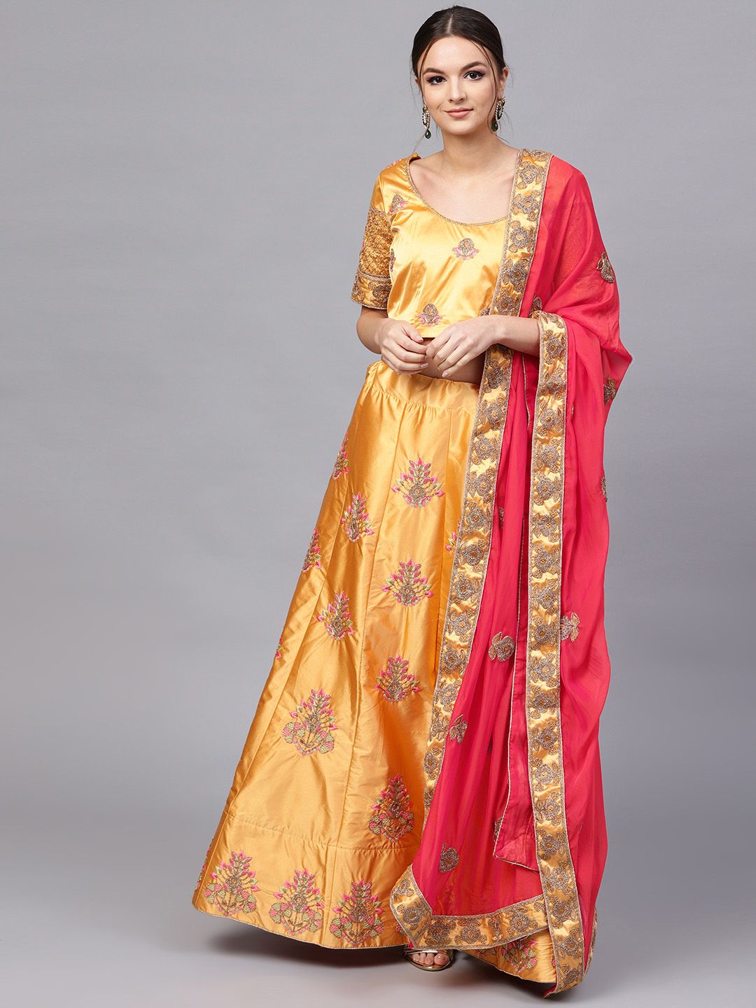 Saree mall Mustard Yellow & Red Embroidered Ready to Wear Lehenga & Blouse with Dupatta Price in India